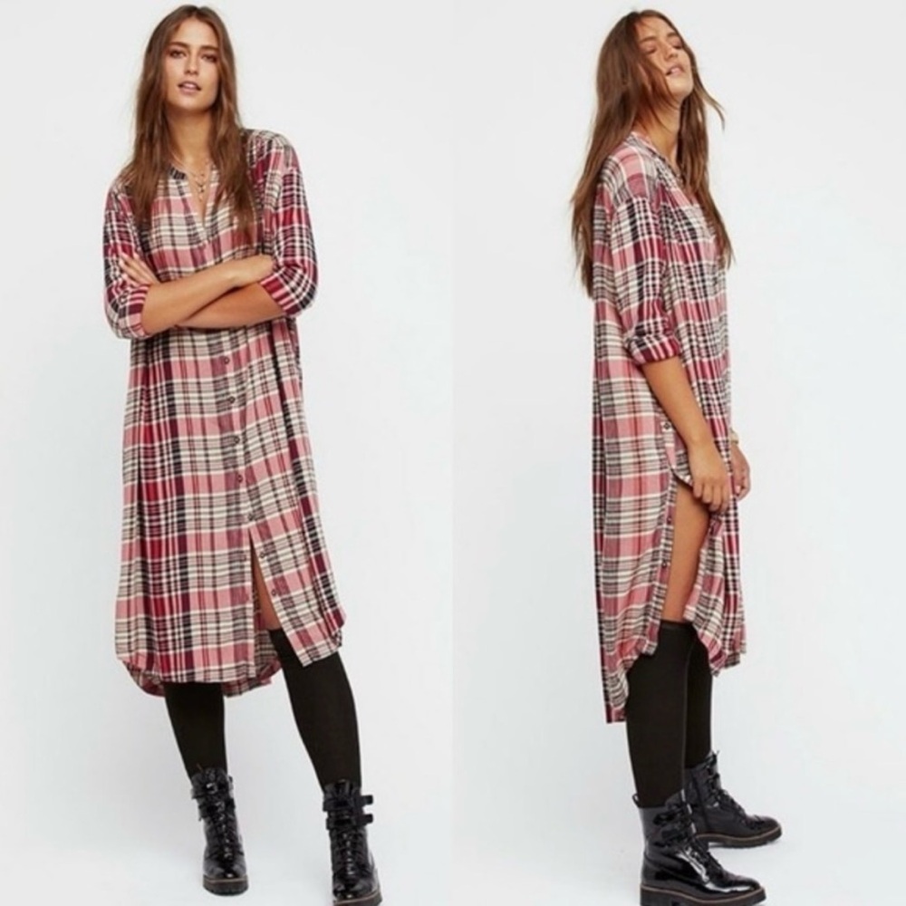 Free People Plaid Long Sleeve Dress